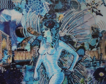 WOVEN SOULS #1051 Blue Winged Angel Goddess with Flowers Art Print Poster - Unique Ice Blue Psychedelic Goddexx Collage 11x14 Inch Print