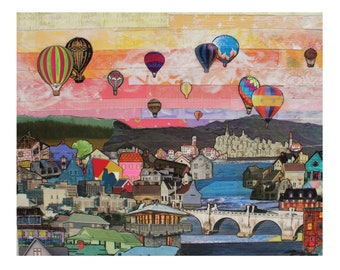 RISE #1014 Hot Air Balloons Over Cityscape at Sunset Art Print Poster - Unique & Whimsical Hot Air Balloon 11x14 Inch Artwork Print