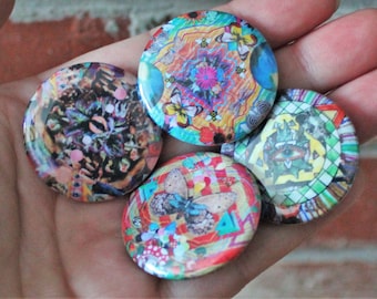 Set of 4 Collage Buttons - Button Pin Art Badges - Trippy Psychedelic Abstract Butterfly Flower Eye Artwork Pins / Badge / Buttons / Flair