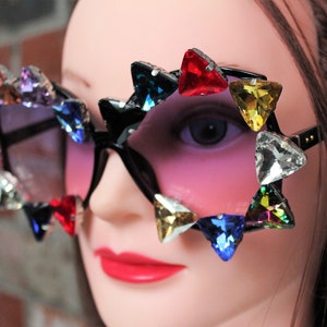CLOWN AROUND - Oversized Adult Sunglasses w Sparkling Gems - Round Sunglass w Purple Lens & A Rainbow of Glass Rhinestones - Clowncore