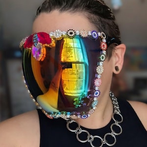 Women’s Lot of Rhinestone Shield Mirror Sunglasses Glam Sunglasses Burning Man, Rave Sunglasses Woman. Festival  main image 3
