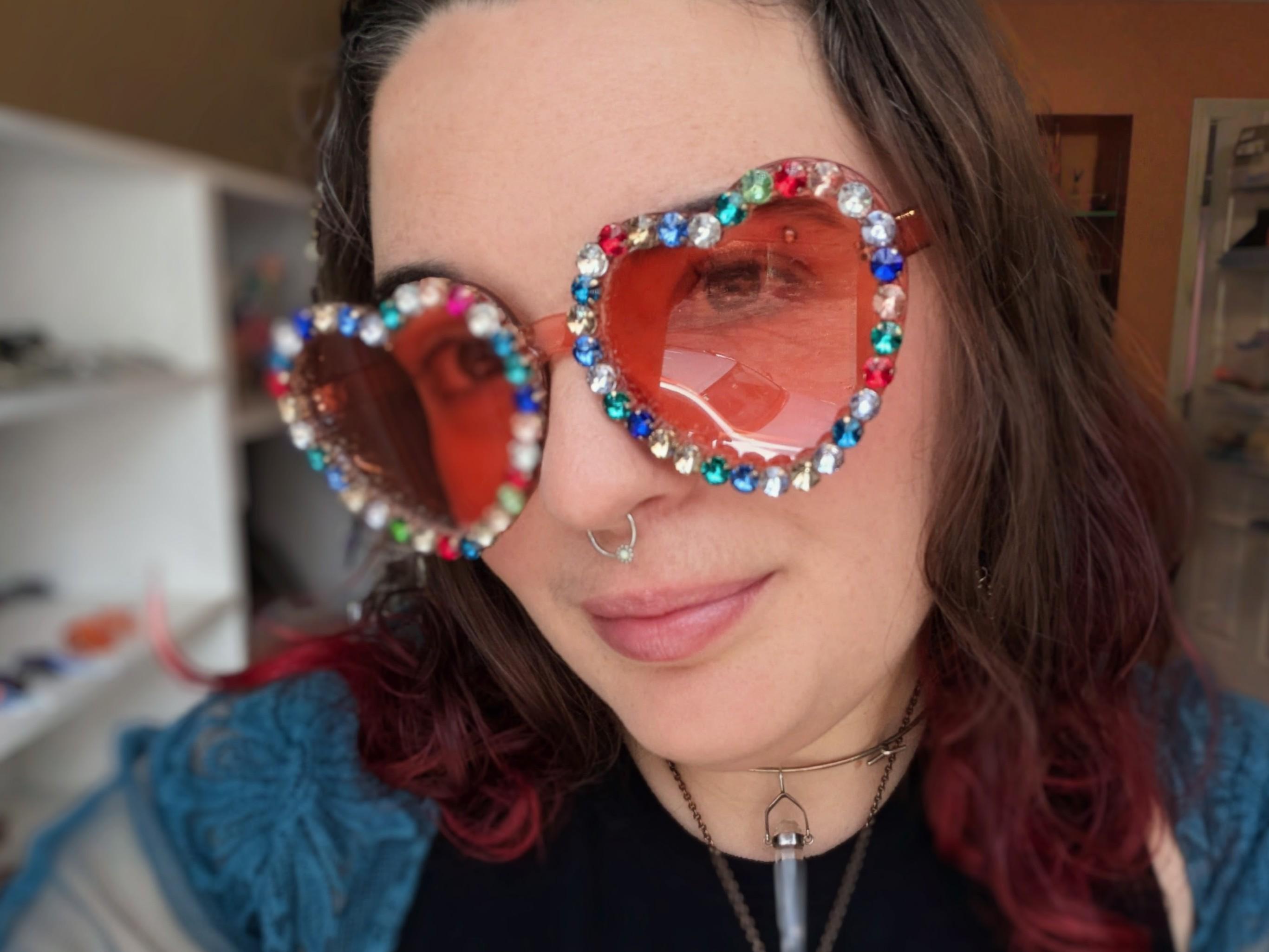 - Heart-Shaped Sunglasses with Orange  Rhinestones Ice Blue Drip Sunglasses Rave clothes,rave outfits,edc  main image 4