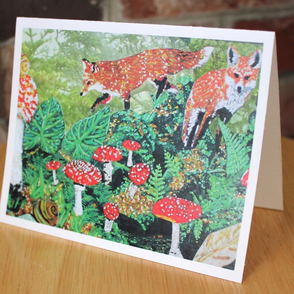 THE FOX DEN #139 - Foxes & Amanita Mushrooms Greeting Card - Birthday Or Thank You Card - Greeting Cards Blank Inside for Any Occasion