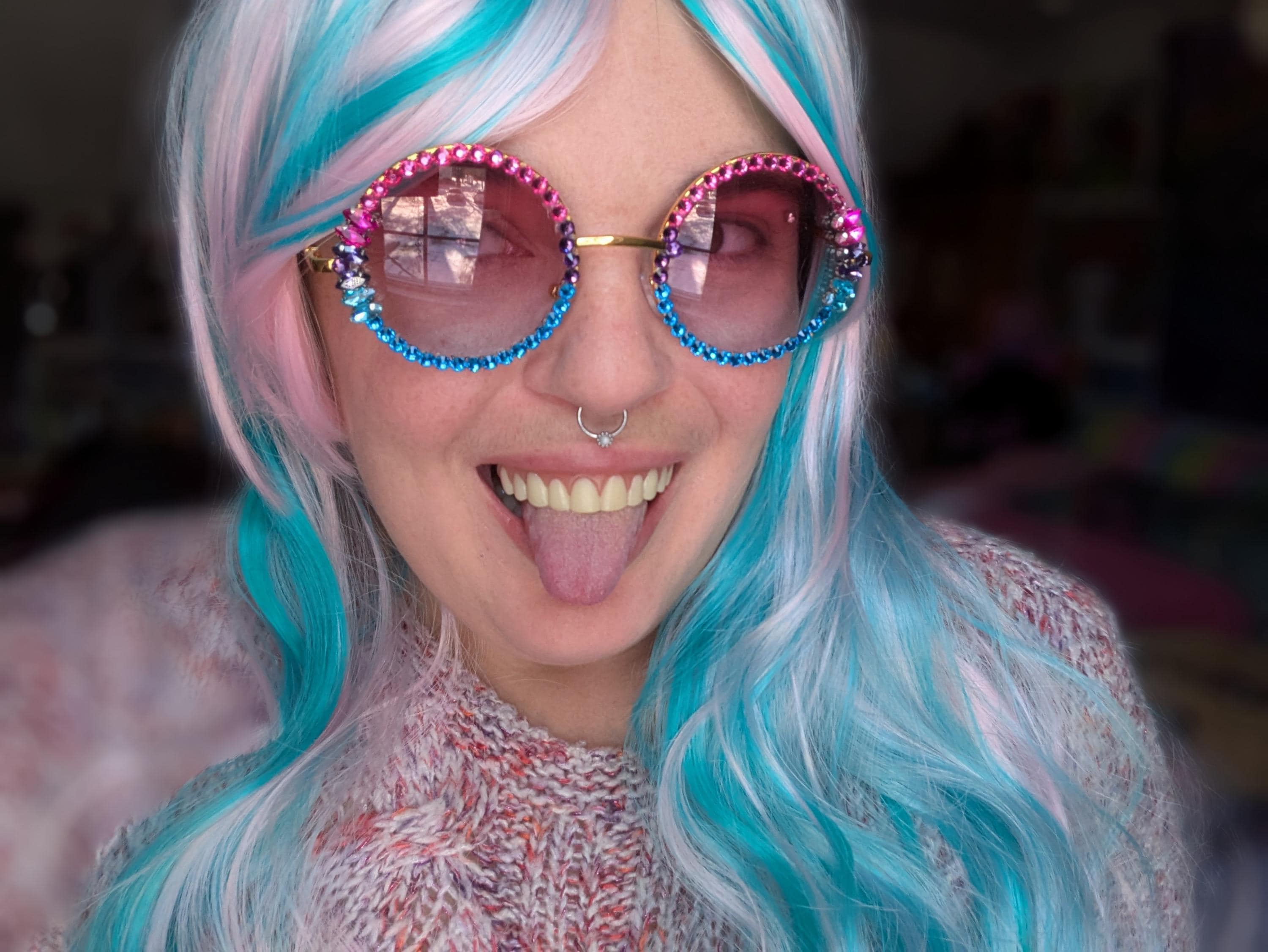 DEUCES - Circle Sunglasses W/ Blue & Pink Tinted Lens 