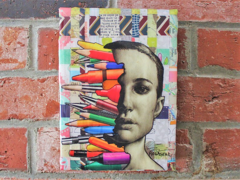 May include: A collage artwork featuring a woman's face with colorful pencils and markers covering half of her face. The background is a patchwork of colorful paper and fabric.