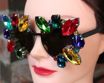 SLAY EVERY DAY - Oversized Circle Sunglasses w Rainbow of Glass Crystal Gems - Big Round Sunglass w Colorful Faceted Gems & Mirrored Lens