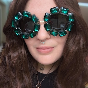 BASILISK - Adult Circle Sunglasses with Dark Lenses and Beautiful Faceted Emerald Green Rhinestones - Round Sunglass w Big & Bold Green Gems