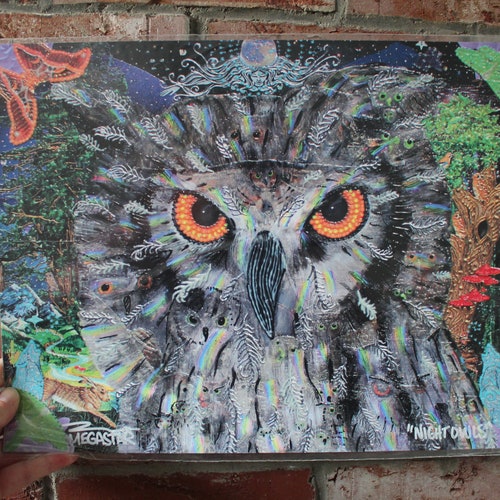 NIGHT OWLS #1004 Collage Art Print / Poster 11x14" - Unique Psychedelic Owl Eyes Mixed Media Collage Art Print - 11 x 14 Inch Print