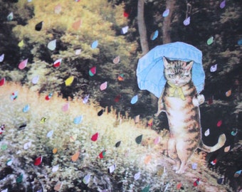 WISHING for PURRFECT WEATHER #1001 Collage Art Print Poster 11x14" - Unique Colorful Raindrops Cat Collage Print - 11 x 14 Inch Print