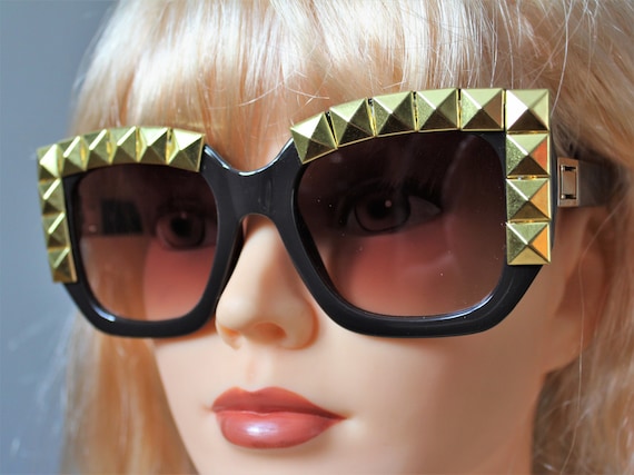 Gold Studs Oversized Square Glam Bedazzled Adult Sunglasses Gold & Brown  Statement Sunglasses Badass Square Sunglass With Ombre Lens 
