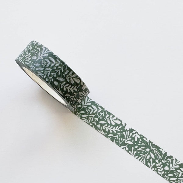 Washi Tape/ Craft Tape- White Foliage, Leaves, and Branches on Green