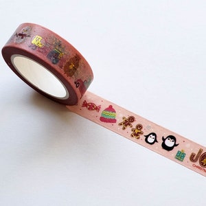 Washi Tape/ Craft Tape- Cute Christmas/ X-mas Icons Joy, Penguins, Snowman, Gingerbread, Toque, Hat  with Gold on Light Pink