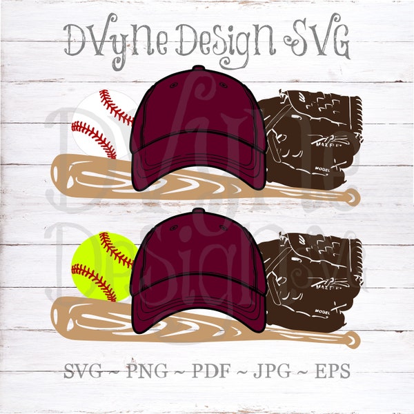 Baseball und Softball Ausrüstung SVG, leere Baseball und Softball Mütze SVG für Silhouette oder Cricut Maschinen, digitale Dateien, Instant Download