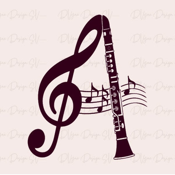 Band SVG, Treble clef letter A with Clarinet Cut File for Silhouette or Cricut, School Band PNG for Sublimation, Instant Download