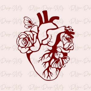 Cardiology SVG, Anatomical Heart with Roses Vinyl Cut File for Silhouette or Cricut, 300 dpi PNG for Sublimation, Instant Download