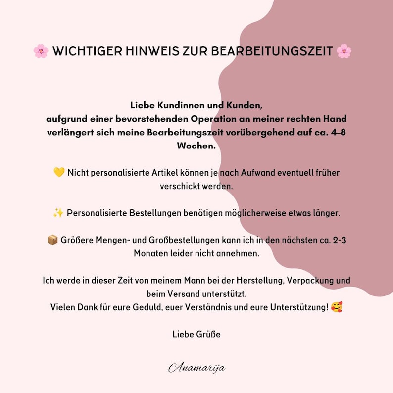 May include: A light pink informational graphic with dark brown text. The header reads WICHTIGER HINWEIS ZUR BEARBEITUNGSZEIT. The body text explains a temporary 4-8 week processing time due to hand surgery, with notes on personalized orders and bulk requests.