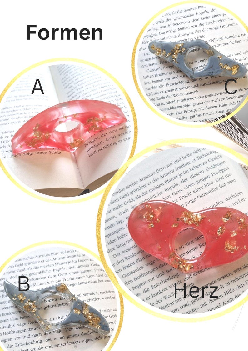 May include: Three resin hair clips labeled A, B, and C. Clips A and C are translucent red with gold leaf flakes, while clip B is translucent gray with gold leaf flakes. Clips A and C are crescent-shaped, and clip B is a multi-pointed shape.