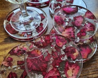 Resin glass coasters, rose petals, gold and silver flakes, flower confetti, guest gift, Christmas, Christmas gift