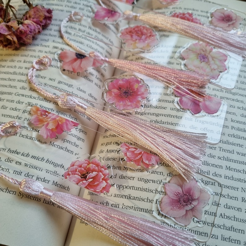 Bookmark Personalized Gift for Her Flowers Blossoms Pink Acrylic Bookmark, Peony, Rose, Amaryllis, Gerbera, April 4th Art image 4