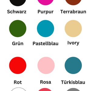 May include: A color chart featuring twelve circles in various hues with corresponding labels: Schwarz, Purpur, Terrabraun, Gr&uuml;n, Pastellblau, Ivory, Rot, Rosa, T&uuml;rkisblau, Wei&szlig;, Rose, and Grau. The grid displays black, magenta, brown, green, teal, beige, red, light pink, dark teal, white, dark pink, and gray circles.