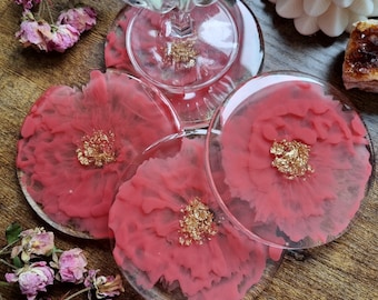 Rosé Resin Glasses Coaster Set 4 Coasters with Gold Leaves Unique Birthday Gift