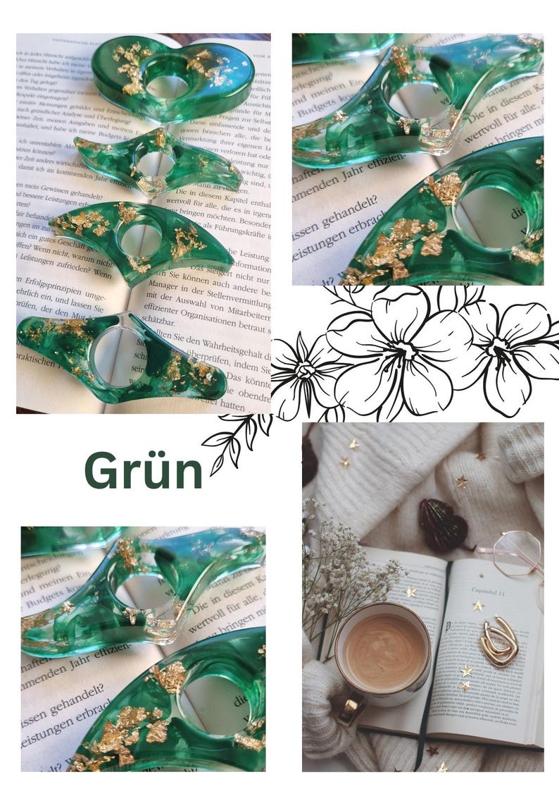 May include: A collection of emerald green resin page holders featuring embedded gold leaf flakes. These smooth, wing-shaped book accessories have a central circular opening designed to hold pages open while reading a book.