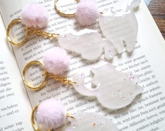Mother Cat Keychain Made of Resin – Pink Glitter Cat with Pom-pom – Cute Pendant Gift for Cat Lovers