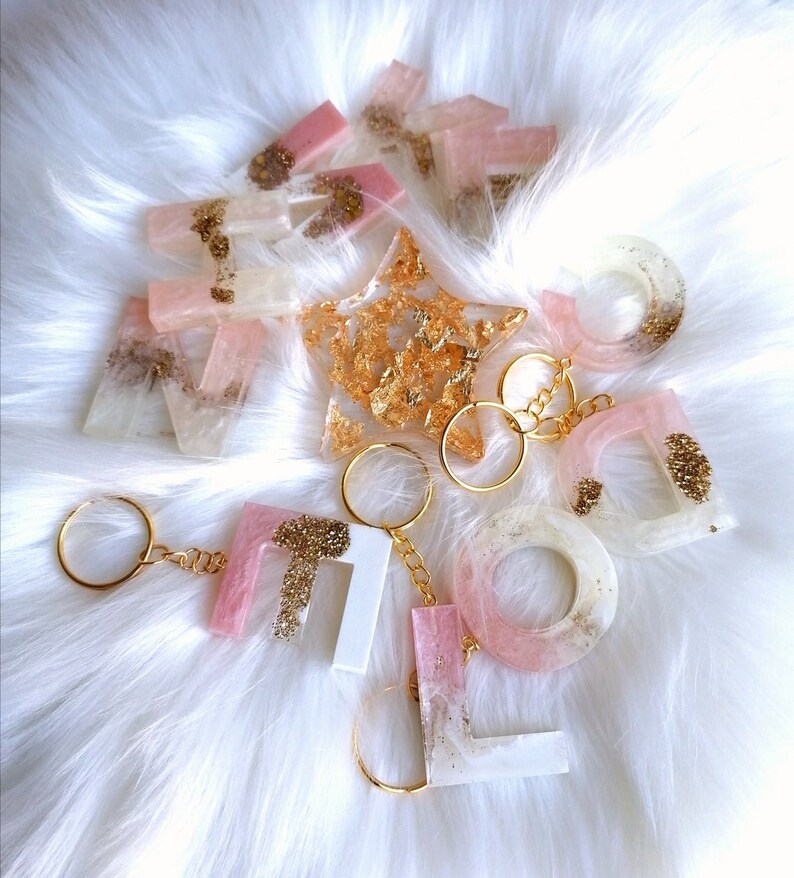 Key attachments pink gold white resin art keychain Etsy