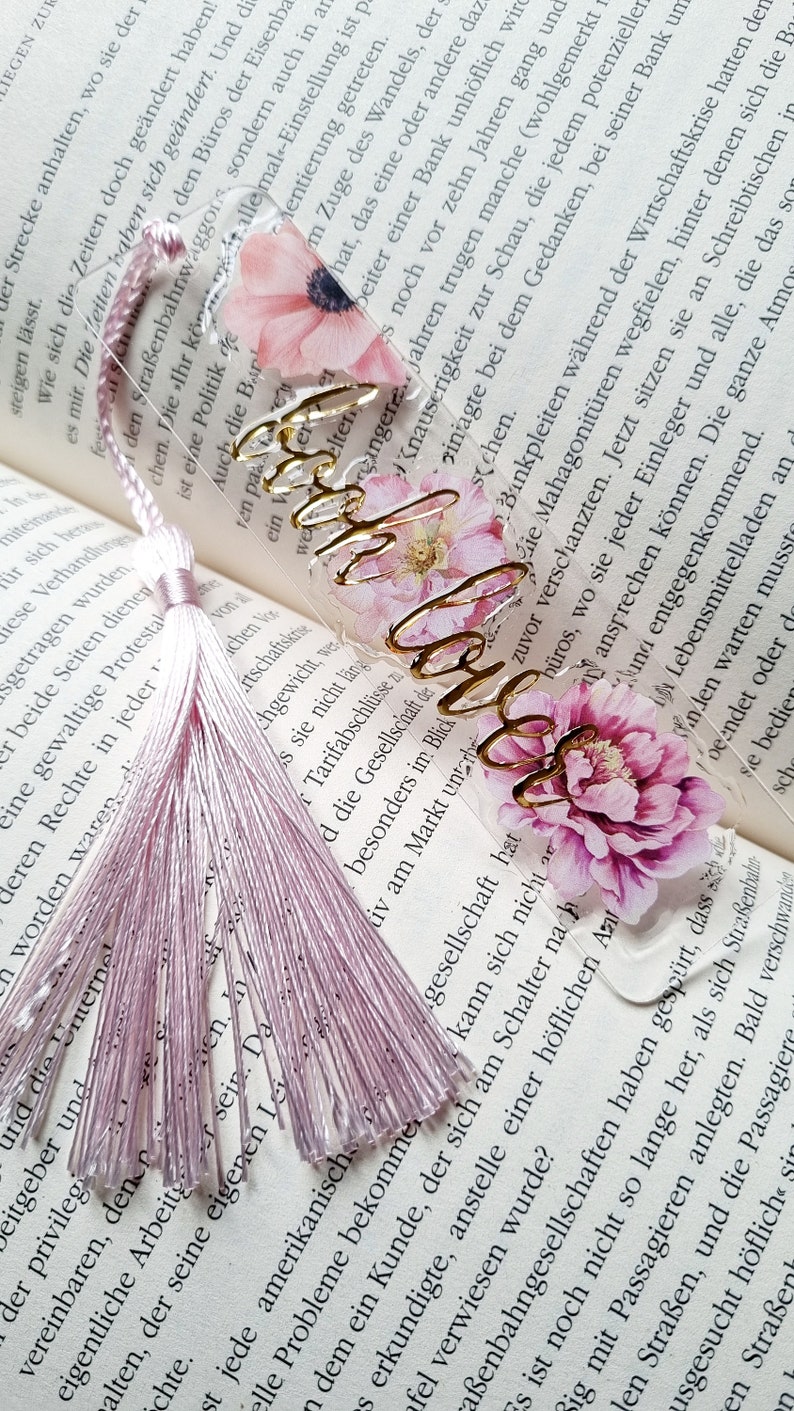 Bookmark Personalized Gift for Her Flowers Blossoms Pink Acrylic Bookmark, Peony, Rose, Amaryllis, Gerbera, April 4th Art image 1