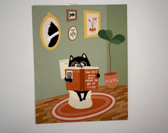Stampa artistica con gatto in bagno, gatto sul water, arredamento per il bagno, umorismo secco, stampa artistica senza cornice