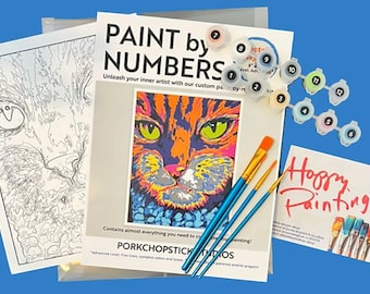 Könnte beinhalten: Ein Malen-nach-Zahlen-Set mit einem bunten Katzenporträt. Das Set enthält eine Leinwand, nummerierte Farbtöpfe, Pinsel und eine Anleitung. Die Worte "PAINT by NUMBERS" und "Happy Painting" sind sichtbar.