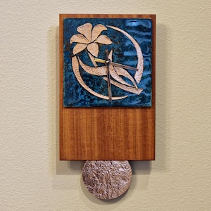 Copper Patina Pendulum Wall Clock, 7th Anniversary Gift,Handmade Sapele Wood & Hammered Copper Flower Art, Modern Blue Patina Decor