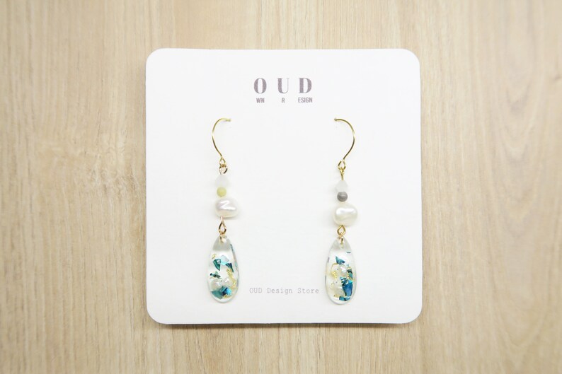 Geometric-Natural Freshwater Baroque Pearls-Everyday Earrings-Drop Earrings-Aquamarine Shells-14K gf Ear Wire Hooks-Clip-on Available