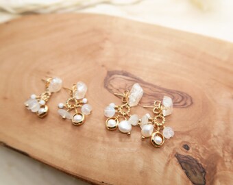 Natural Gemstone|Moon Stone|Pearl|Shell| 2-Way Dangle Earring|14K Gold Post|Hypoallergenic Earrings