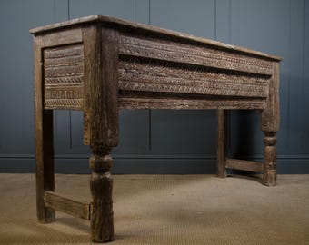Indian reclaimed antique carved wood console table in a limed finish