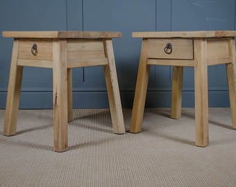 Pair of reclaimed light stripped wood side tables