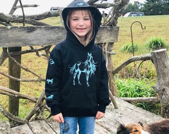 Girl’s Black Hoodie with Sparkly Teal Horse