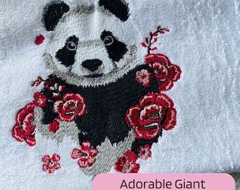 Giant panda hand towel with cherry blossom flowers, gorgeous panda hand towel, panda lover gift, cute, embroidered hand towel