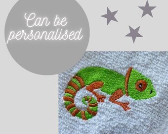 Embroidered Flannel, Chameleon design, Machine Embroidered washcloth, Eco Friendly cleaning, Cute reptile design for male present