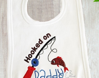 Hooked On Daddy Gift From The Baby, New Dad Gift From The Kids, Personalised, Pull On Baby Bib, fishing gift, Dad joke gift