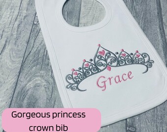 Princess crown baby bib, New baby Gift, Personalised Pull On Baby Bib, baby shower gift, new baby bib, baby girl crown, add a name