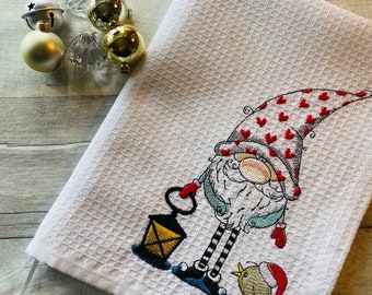 Gonk Christmas t towel, secret Santa gift, Christmas gnome, Christmas linen, cute gift for her, Embroidered gift, handmade tea towel gift