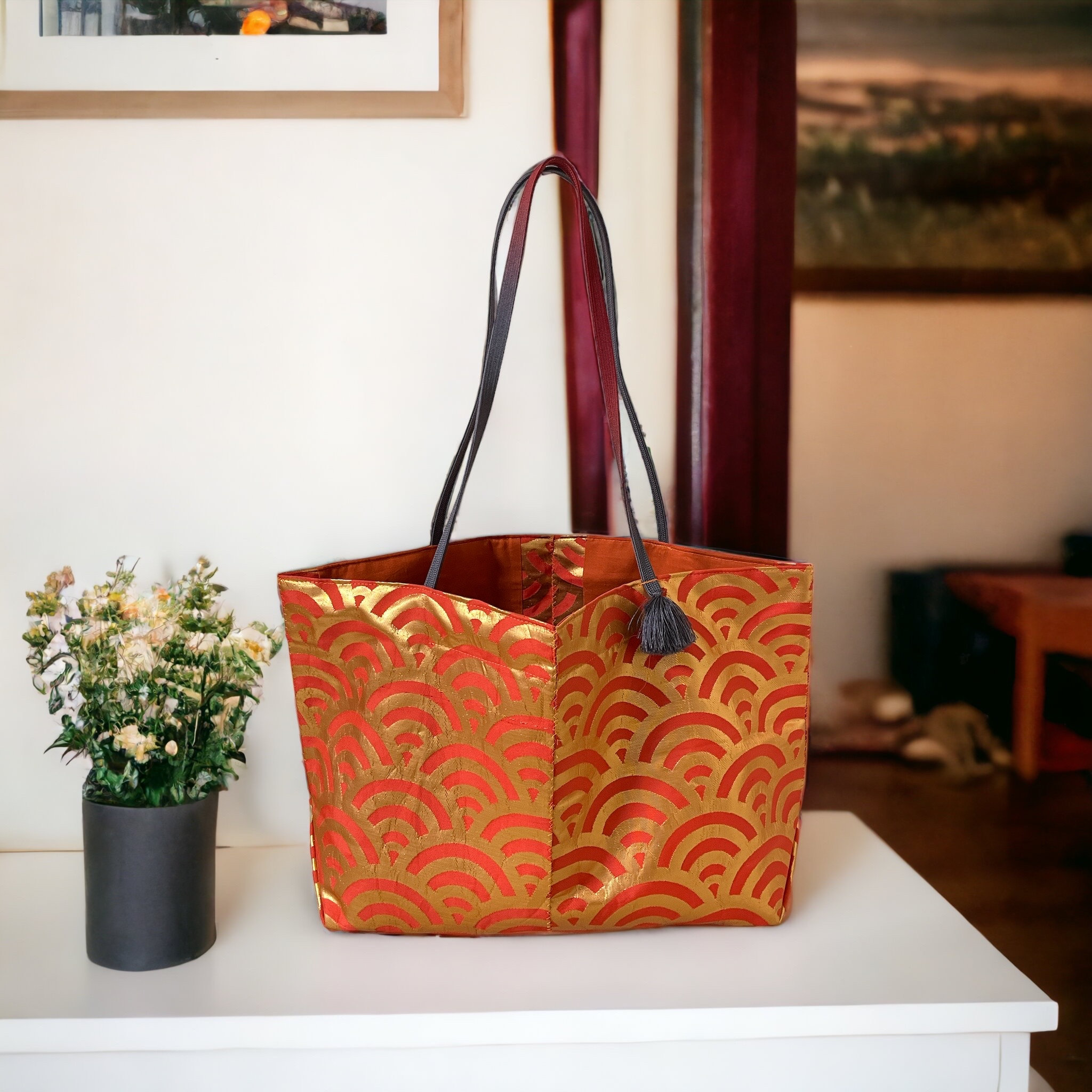 小物 Obachan Kinujapan Premium A4 Kimono Remake Bag, Obi Remake Bag, A4