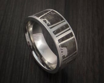 Bear and dog in the woods hunter wedding ring cobalt chrome band