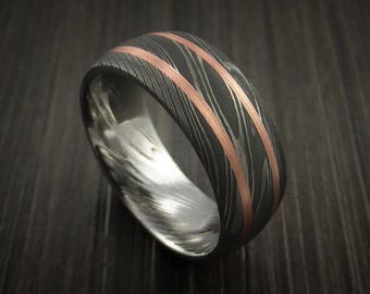 Damascus steel ring with copper inlays custom made band