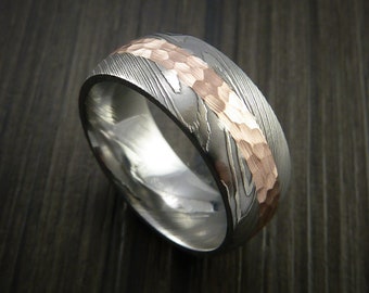 Damascus Steel 14K Rose Gold Men's Ring Wedding Band Custom Made Hammer Finish