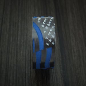 Black zirconium and cerakote american thin blue line flag custom made united states police ring image 3