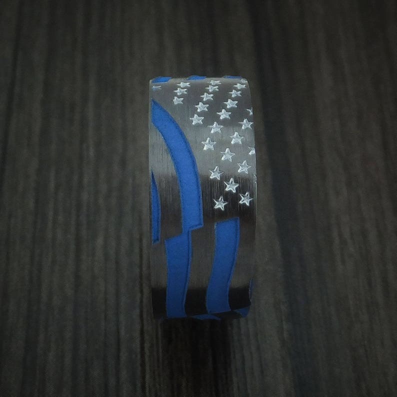 Black zirconium and cerakote american thin blue line flag custom made united states police ring image 3