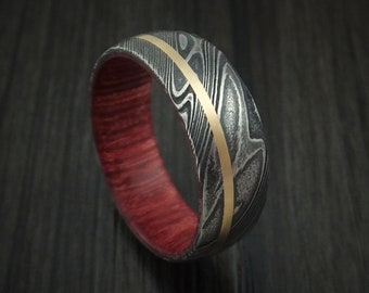 Kuro Damascus Steel Men's Ring with 14K Yellow Gold Inlay and Hardwood Sleeve Custom Made Wood Band