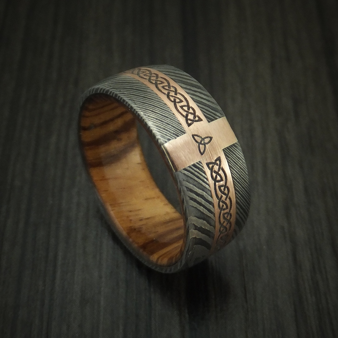 Damascus Steel Celtic Ring With 14K Rose Gold and Wood Sleeve - Etsy